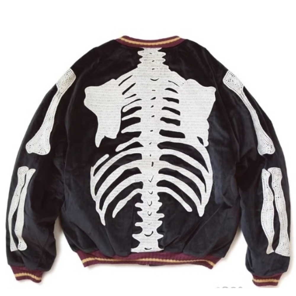 Kapital Black Velvet Skeleton Bomber Jacket with White Rib Appliqué - Picture 2 of 6